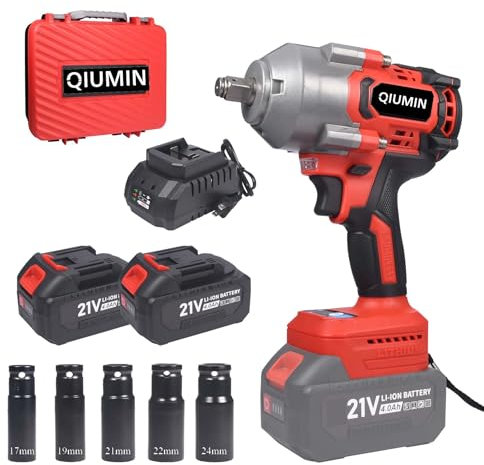 QIUMIN 1000Nm 1/2 Avvitatore a Impulsi Brushless, 21V, 2×Batterie 4.0Ah e Caricabatterie Rapido, 5 Bussole (17/19/21/22/24mm), 3 Velocità, LED, per Auto, Officina e Fai da Te