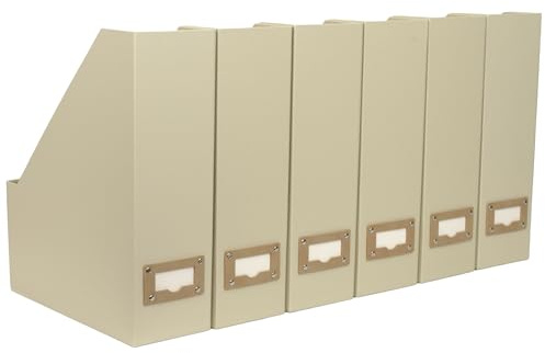 BLU MONACO Zeitschriftensammler aus Karton, vertikaler Zeitschriftenhalter mit Etikettenschlitzen, faltbarer Aktenordner für Schreibtisch, Regal, Büro, Beige, Leinen, 6 Stück