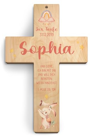 Kartenmachen.de Taufkreuz personalisiert aus Holz Taufgeschenk Mädchen Junge 13x20cm - Häschen - Birkenholz Look