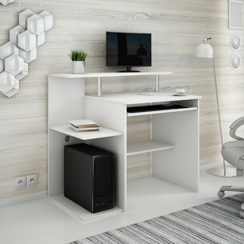 Home Collective Schreibtisch mit 5 Einlegeböden in Weiß Computertisch perfekt für Schlafzimmer Wohnzimmer und Büro aus hochwertigem Laminat mit Metallrollenführungen für organisierte Aufbewahrung
