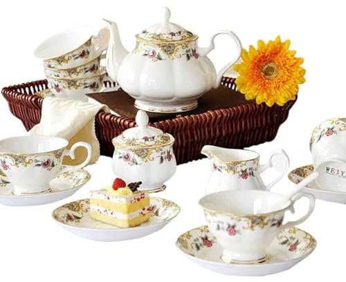 Servizio da tè in Porcellana, Servizio da tè per Adulti Tazza da tè Inglese Vintage e piattino da 6 Set da tè pomeridiano Britannico con teiera, zuccheriera e brocca per Panna