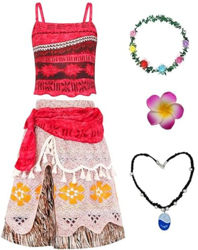 Atorhcer Vaiana Kostüm Kinder mit Halskette und einer Blumenkrone und einer Haarspange. Moana-Kostüm für Mädchen, Vaiana Karneval Hawaiianischer Geburtstag Cosplay