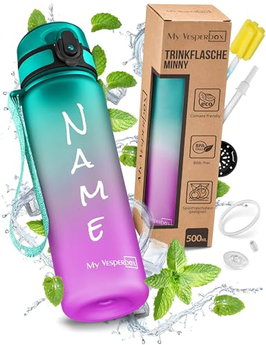 My Vesperbox® Personalisierte Trinkflasche Kinder 500ml [INK. STROHHALM & SIEB] - Wasserflasche Kohlensäure Geeignet & Auslaufsicher - Water Bottle Kids - für Schule & Sport - BPA frei