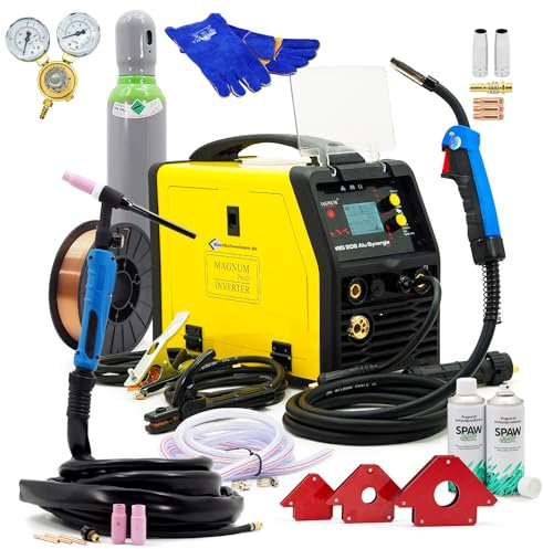 Bestschweissen Magnum MIG 208 Alu Synergie Schweißgerät 230V 200A - MIG MAG/WIG/MMA Kombi Schweißgerät - Schutzgasschweißgerät mit Fülldraht für Aluminium & Edelstahl - Komplettes Set