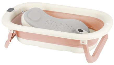 Baignoire Pliable pour Bébé avec Transat Antidérapant, Thermomètre Intégré, Design Portable pour la Maison et les Voyages, Benoire pour Bébé à Bain, Facile à Nettoyer (Rose,Transat, 71x43x18.5cm)