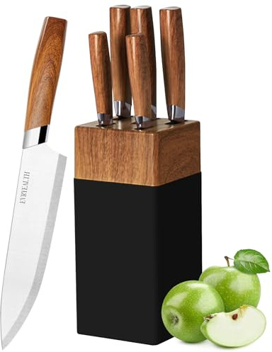 lapelux Knife Set - 5 Piece Kitchen Knife Set with Block, Wood Grain Handle, Stainless Steel Kitchen Knives for Chopping, Slicing, Dicing Cutting.