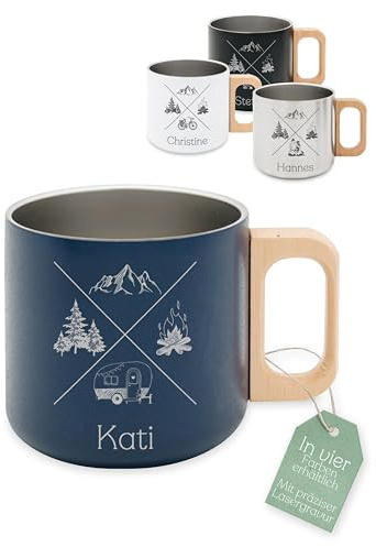 ABENTEUERNAH personalisierter Thermobecher als Geschenk für Wanderer, Trekking und Outdoor Fans für Biker, Camper, Angler als Geschenke für Männer und Frauen (blau, X Camper)