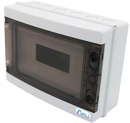 ARLI Sicherungskasten IP65 Aufputz 12 Module Feuchtraumverteiler 1-reihig Grau Verteilerkasten mit transparenter Tür Vorprägungen Kunststoff inkl. Hutschiene & Zubehör