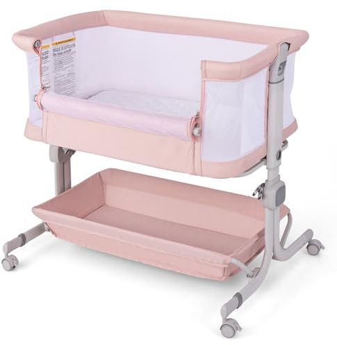 COSTWAY Culla da Affiancare per Neonati, Culla per Bambini con Altezza Regolabile a 6 Livelli, con Mensola Portaoggetti, Materasso e Borsa da Trasporto, per Bambini 0-6 Mesi (Rosa)