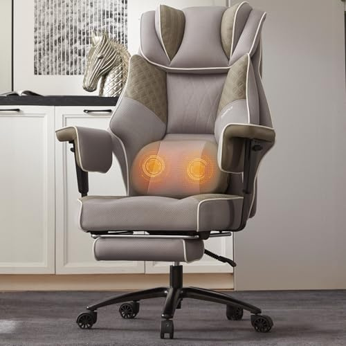 Dowinx XXL Bürostuhl mit Massage-Lendenkissen & Extra-Dicker Sitzpolsterung,Chefsessel mit Atmungsaktivem Mesh & Verstellbaren Armlehnen, Ergonomischer Schreibtischstuhl mit Fußstütze(Grau)