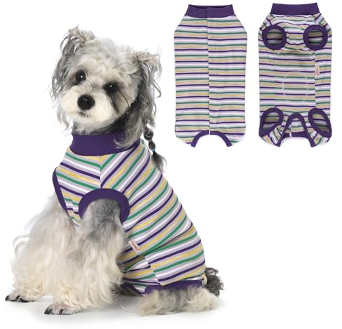 Pawsailor Traje de Recuperación Quirúrgica para Perro Rayas Morado-Verde S | Suave Body Postoperatorio Perro Camiseta de Recuperación Pijama Cachorro, Protección de Heridas, Alternativa de Cono