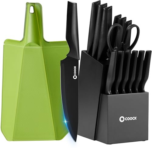 COOCK Messerset 15-teilig mit Messerblock, Faltbarem Schneidebrett & Messerschärfer – Premium Edelstahl Küchenmesser mit Antihaft-Beschichtung – BPA- & PFAS-frei, Modernes Schwarzes Design