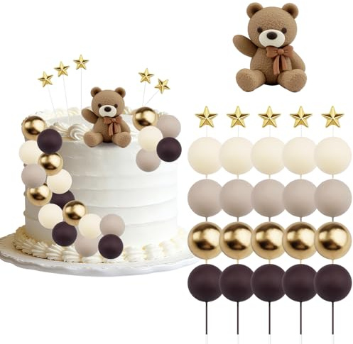26Pcs Baby Shower Cake Topper,Beige Brown Bear Balls and Stars Baby Shower Cake Decoration,Boho Cake Toppers Perfect for Gender Reveal Party & Newborn Celebrations
