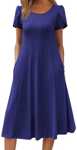 Zeagoo Sommerkleid Damen Elegant Kleid A-Linie Strandkleid Kurzarm Rundhals Midikleid Casual Plissee Kleider mit Taschen Blau XL