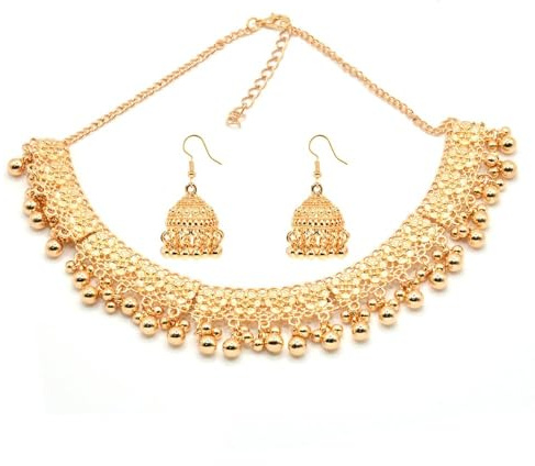 IMINI - Conjunto de boda indio bohemio para mujer, collar de gargantilla dorada, pendientes Jhumka, joyas étnicas festivas para ceremonias de Bollywood o noche elegante