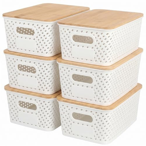 Nymblis 6Pcs Storage baskets with Lids, Stackable Storage Box with Bamboo Lid, Plastic Lidded Storage Bins with stickers for Bathroom Kitchen Cabinets Organization (White)