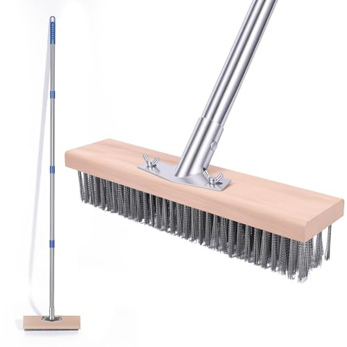 Wotrilw Cepillo de Alambre,Escobón de Acero Robusto con Mango Telescópico de 160 cm y una Cepillo de 30 cm de Ancho, Ideal para Eliminar Musgo, Maleza y Suciedad de los Adoquines