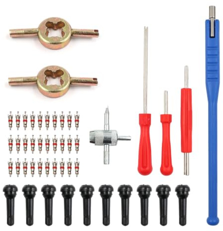 47 Stück Reifenventilentferner Ventil Set TR413 für Auto LKW Motorrad | Reifen Ventilschaft Einziehwerkzeug Tyre Valve Core Tool Set Autoventil Adapter mit TR413 Snap-in Gummi Reifen Ventile