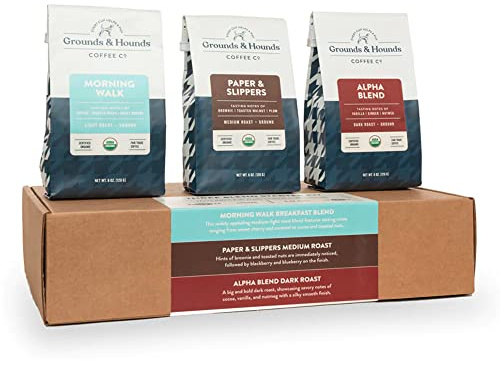 Grounds & Hounds Three Blend Starter Kit, Organic Whole Bean Coffee Variety Pack, Includes Morning Walk Breakfast Blend, Paper & Slippers Medium Roast, and Alpha Blend Dark Roast, Three 6oz Bags