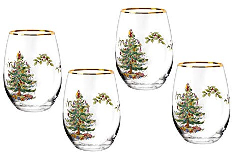 Spode Christmas Tree 19oz Stemless Wine Glasses, Set of 4 - Vintage-Inspired Holiday Drinkware with Cozy Seasonal Charm, Ideal for Mulled Wine at Festive Gatherings & Holiday Entertaining