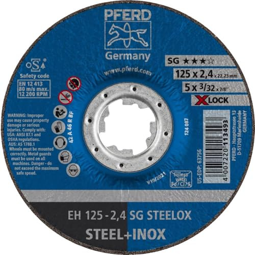 PFERD TOOLS Trennscheibe, 25 Stück, 125 x 2,4mm, gekröpft, X-LOCK (22,23 mm), SG STEELOX, 61340125 – für schnelle und komfortable Werkzeugwechsel, Breite 2,4 mm