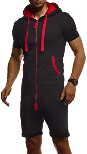 Leif Nelson kort jumpsuit för sommar korta byxor kortärmad overall onesie män t-shirt huva sommarjumpsuit pyjamas kort joggingdräkt träningsoverall LN8313, svart-röd, L