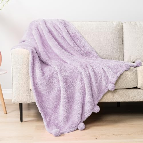 PAVILIA Lavender Purple Lilac Sherpa Throw Blanket with Soft Pom Pom Fringe, Plush Cozy Warm Blankets for Couch Bed Sofa, Fuzzy Fleece Throw with Pompom, Lightweight Fluffy, Light Purple 50x60 in