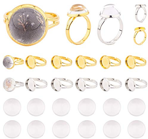 SUNNYCLUE 30Stk 12mm Verstellbare Cabochonring-Einstellungen Mit 30Stk. Runden Glaskuppel-Cabochons Gold Edelstahl Farbe Leere Fingerringe Für DIY-Ringherstellung Schmuckherstellung Zubehör