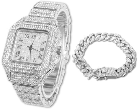HALUKAKAH Diamanti Orologio Oro,Uomo Placcato Oro Bianco Platino 40MM Largo Quadrato Componi Quarzo Cinturino 24cm con Link Cubano Catena 20cm Bracciale Set, con Scatola Regalo