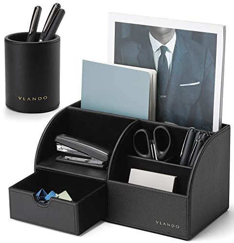 Vlando Skrivbordsorganisatör-set, organisatör, skrivbord ädel, pennhållare, organisatör, läder med låda, kontorsarrangör för surfplatta, PC, fjärrkontrollhållare, present till fars dag och herrdag