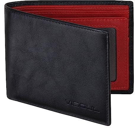 VISOUL Leder Geldbörse Herren mit ID Fenster RFID Schutz,Echtleder Geldbeutel für Männer Portemonnaie Brieftasche Wallet Portmonee Schwarz Red