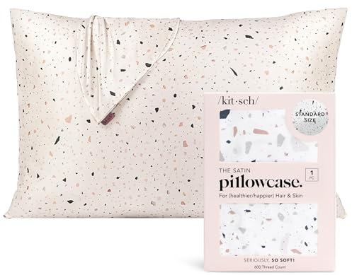 Kitsch Satin Pillowcase for Hair & Skin - Softer Than Silk Pillow Cases, Smooth Cooling Satin Pillow Case, Wrinkle-Free, Machine Washable, Pillow Cases Standard Size 48x66 cm, White Terrazzo
