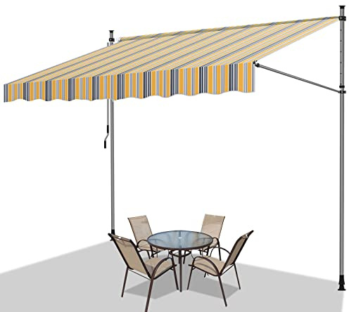 Fiqops Store de Balcon avec Manivelle, 350x120x200-300cm Auvent Téléscopique Résistant UV et Imperméable, Réglable en Hauteur, Store Banne Manuel sans Perçage, Jaune Bleu