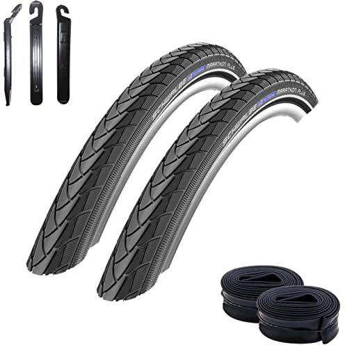 2 x Schwalbe Marathon Plus Fahrradreifen SmartGuard Reflex Pannenschutz unplattbar 28-622 (28 x 1,10) + 2 Schwalbe DV17 Schläuche inkl. 3 Reifenheber