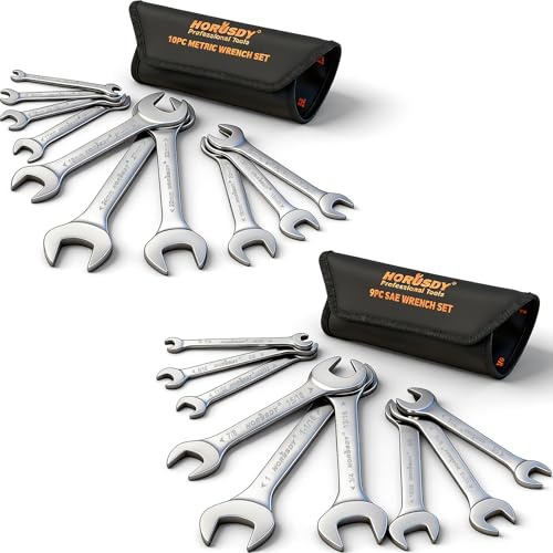 HORUSDY Thin Open End Wrench Set | Bike Wrench Set with Rolling Pouch | 19-Piece SAE & Metric | CR-V Steel | 1/4 to 1-1/16 & 5.5mm to 27mm for Mechanics