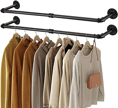 unho 2er Set Kleiderstange zur Wandmontage, Industrieller Stil Rohr-Kleidergestell an der Wand befestigt, Wandgarderoben für Schlafzimmer Wohnzimmer