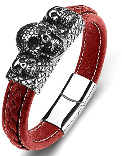 Ayoiow Männer Armband Indianer, Herren Armband Metall Armbänder Männer Leder Rot Flechtarmband mit Totenkopf