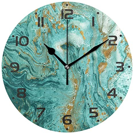 MNSRUU Große Wanduhren, abstrakte goldene Türkis-Marmor-Textur, batteriebetrieben, nicht tickend, 25,4 cm, stille Kunst, Schlafzimmer, Küche, Atomuhr, analoge Uhren, Heimdekoration, 25 x 25 cm