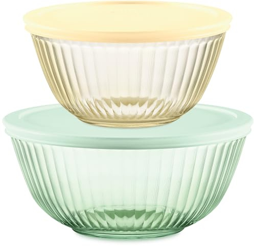 Pyrex Colors (2-Pack) Sculpted Tinted Small/Medium Glass Mixing Bowls With Plastic Lids, Nesting Space Saving Set of Bowls For Prepping and Baking, 1.3QT & 2.3QT