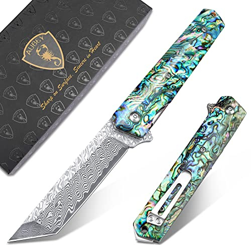 AUBEY Damascus Pocket Knife with Clip, Sharp Tanto Blade with VG10 Core Folding Knife with Abalone Shell Handle and Glass Breaker, EDC Camping Knife for Gift Survival Collection