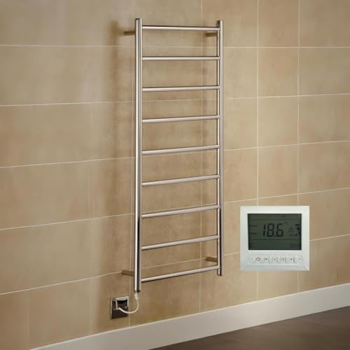Manissa Selby Electric Heated Towel Rail 600mm W x 1200mm H + Timer | Includes 7 Day Timer/Thermostat, Stainless Steel, Towel Warmer, Rust-Resistant, Bathroom, Wall Mounted, Mirror Polished