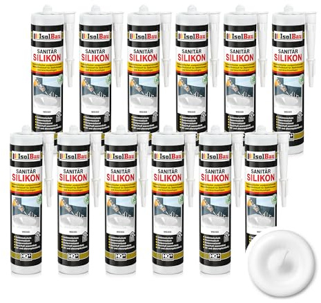 Isolbau Sanitär Silikon 12 x 300 ml Weiß - Hochelastischer Silikon-Dichtstoff für Abdichtungen & Fugen – wasserdicht - Kartusche