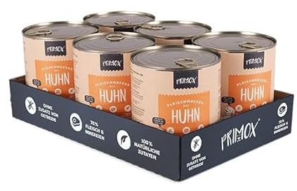 PRIMOX® Fleischmecker Hunde-Nassfutter | Getreidefrei | 70% Fleisch & Innereien | Made in Germany & 100% Natürlich | Omega-3 für Haut & Fell | Gluten- & Laktosefrei (Huhn, 6x800 g)