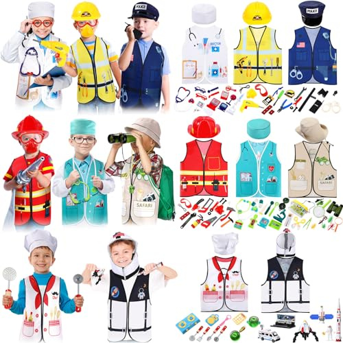 Shihanee 8 Set Kids Dress up Clothes and Disposable Toys, Role Play Costumes Construction Worker, Police, Firefighter, Doctor, Surgeon, Chef, Explorer, Astronaut Vest for Boys Girls Role Play