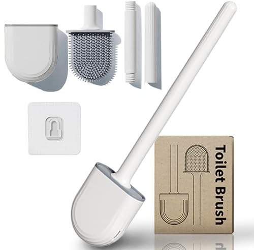 KASESSS Klobürste Silikon, Toilettenbürste Silikon, WC Bürste Silikon, Flexibel Flache Toilet Brush, WC Bürstengarnitur mit Behälter Halter, Klobürste Wandmontage für Die Wandmontage Ohne Bohren(Weiß)