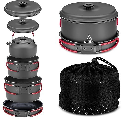Alocs Camping Cookware Set Gear, Compact Camping Pots and Pans Set, Durable Hard Alumina Cooking Set for Outdoor Backpacking Hiking Picnic, Included Mesh Carry Bag