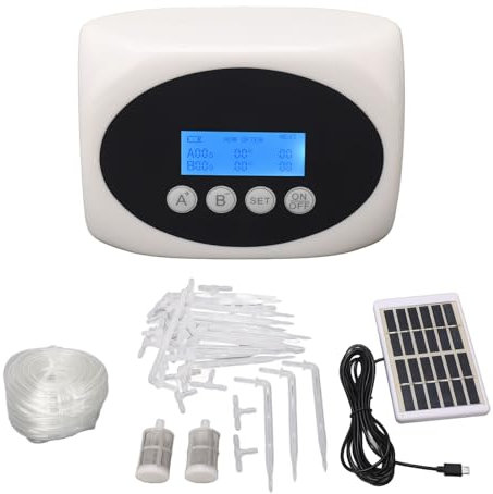 Kit de Riego por Goteo Automático, Sistema de Riego de Jardín, Bomba de Agua Dual, Sistema de Riego por Goteo Solar Compatible con 15 Macetas