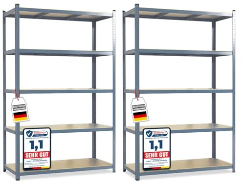 KARAT – Lot de 2 étagères Robustes Lakota pour Charges Lourdes – Étagères enfichables avec 5 tablettes réglables – Rayonnages en métal Idéal pour Cave ou Garage – Gris, 180 x 90 x 40 cm