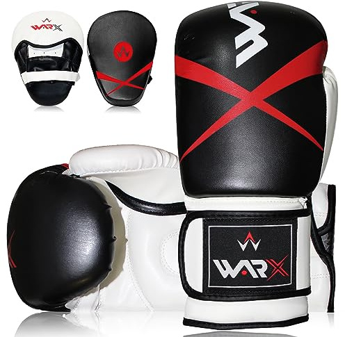 WARX Boxing Gloves and Pads set Focus Punch Mitts MMA Training Sparring Hook and Jab strike target with Punching Gloves (Black, 10oz)