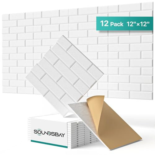 Acoustic Panels, Soundsbay Sound Proofing Panels Self-Adhesive 12 Pack High Density Sound Absorbing Panels Brick Acoustic Wall Panels for Wall Decoration/Acoustic Treatment 12×12×0.4